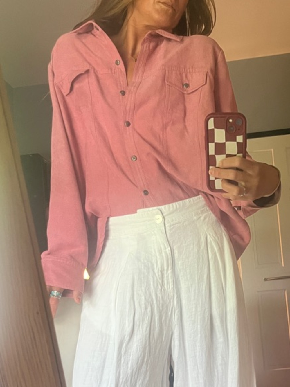 Western Style Pink Faux Suede Button Down Shirt